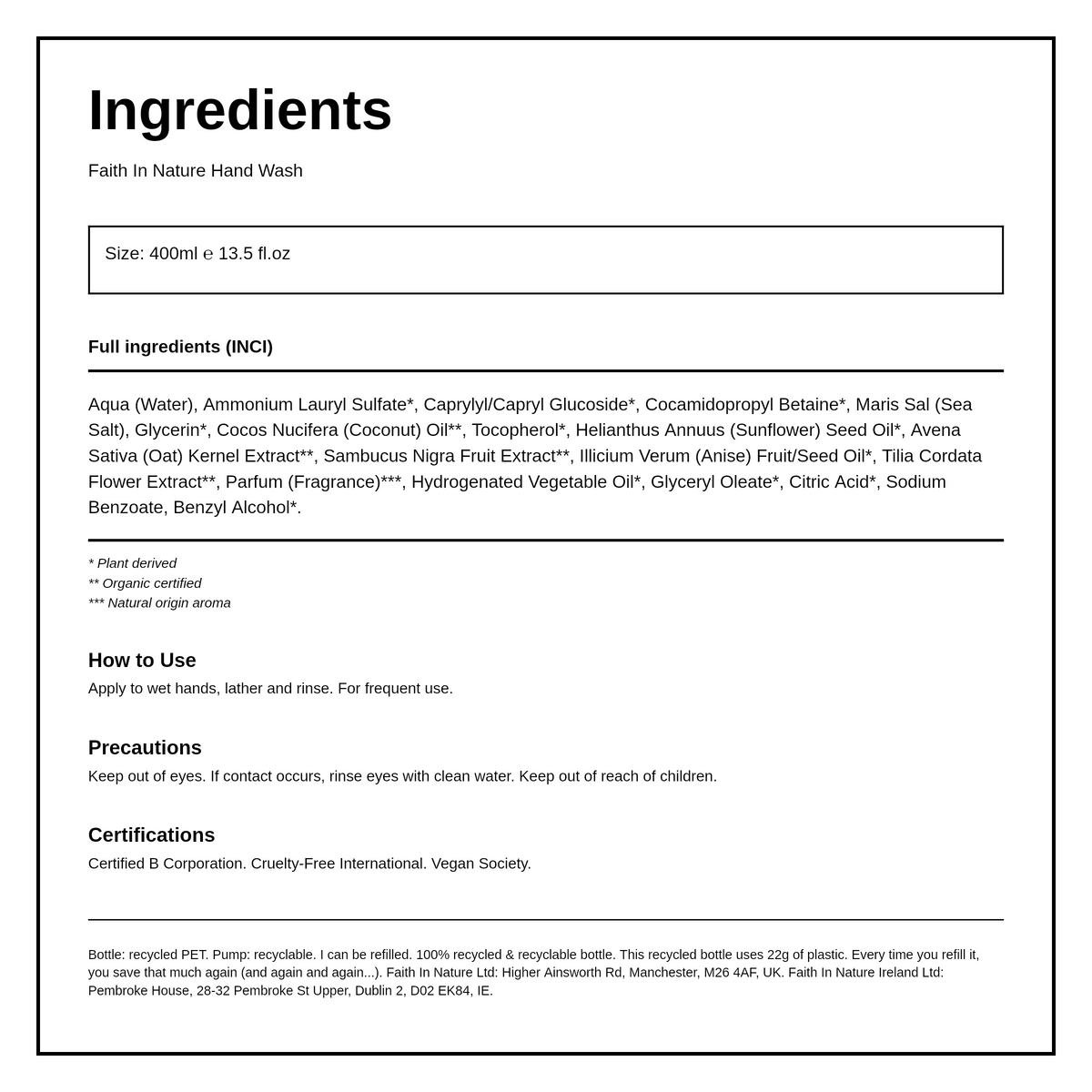 Faith in Nature Coconut Hand Wash — ingredients (INCI) panel, generated from the pack
