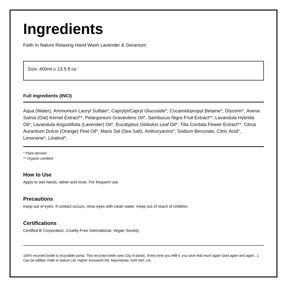 Faith in Nature Lavender & Geranium Hand Wash — ingredients (INCI) panel, generated from the pack