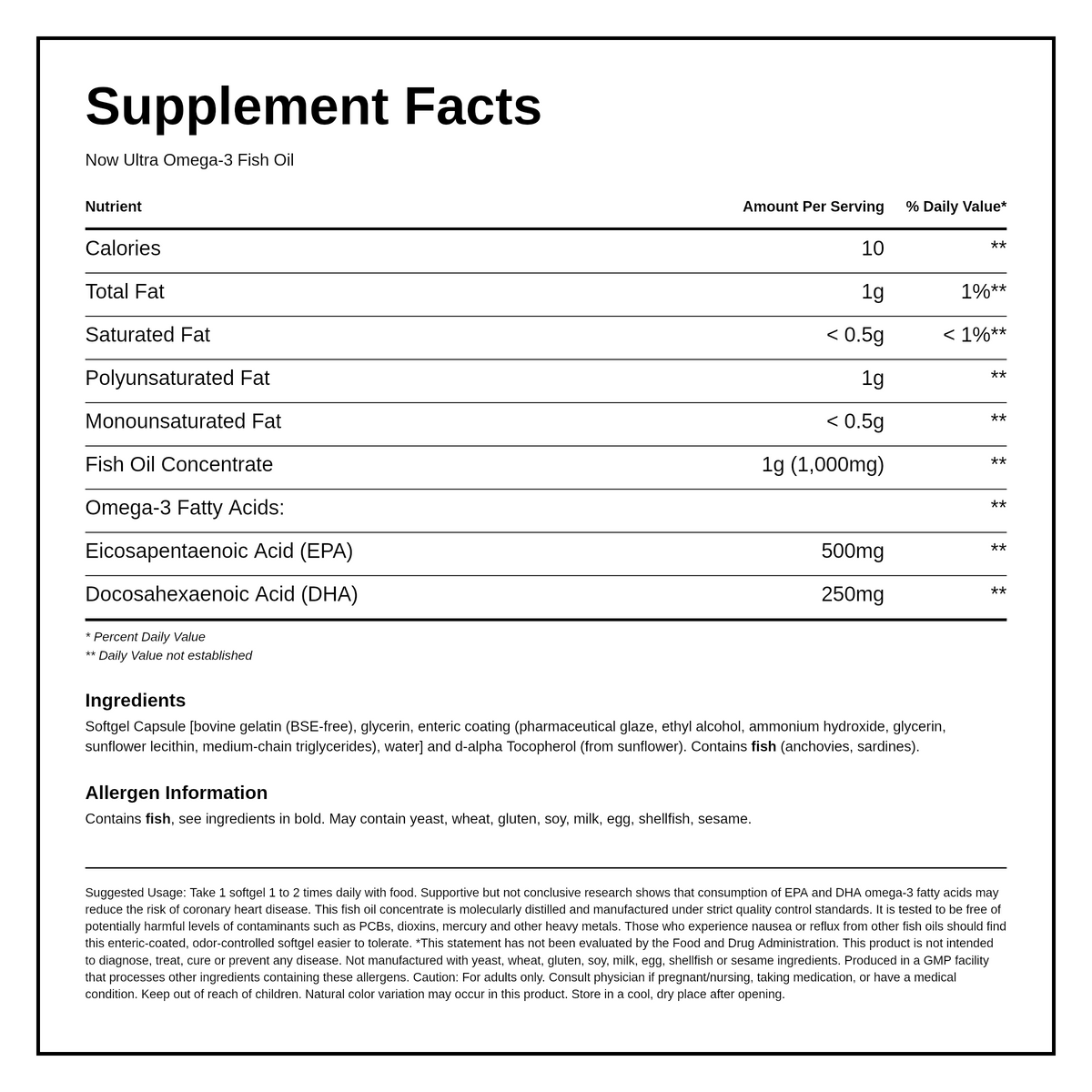 NOW Ultra Omega-3 Fish Oil — nutrition information panel, generated from the pack