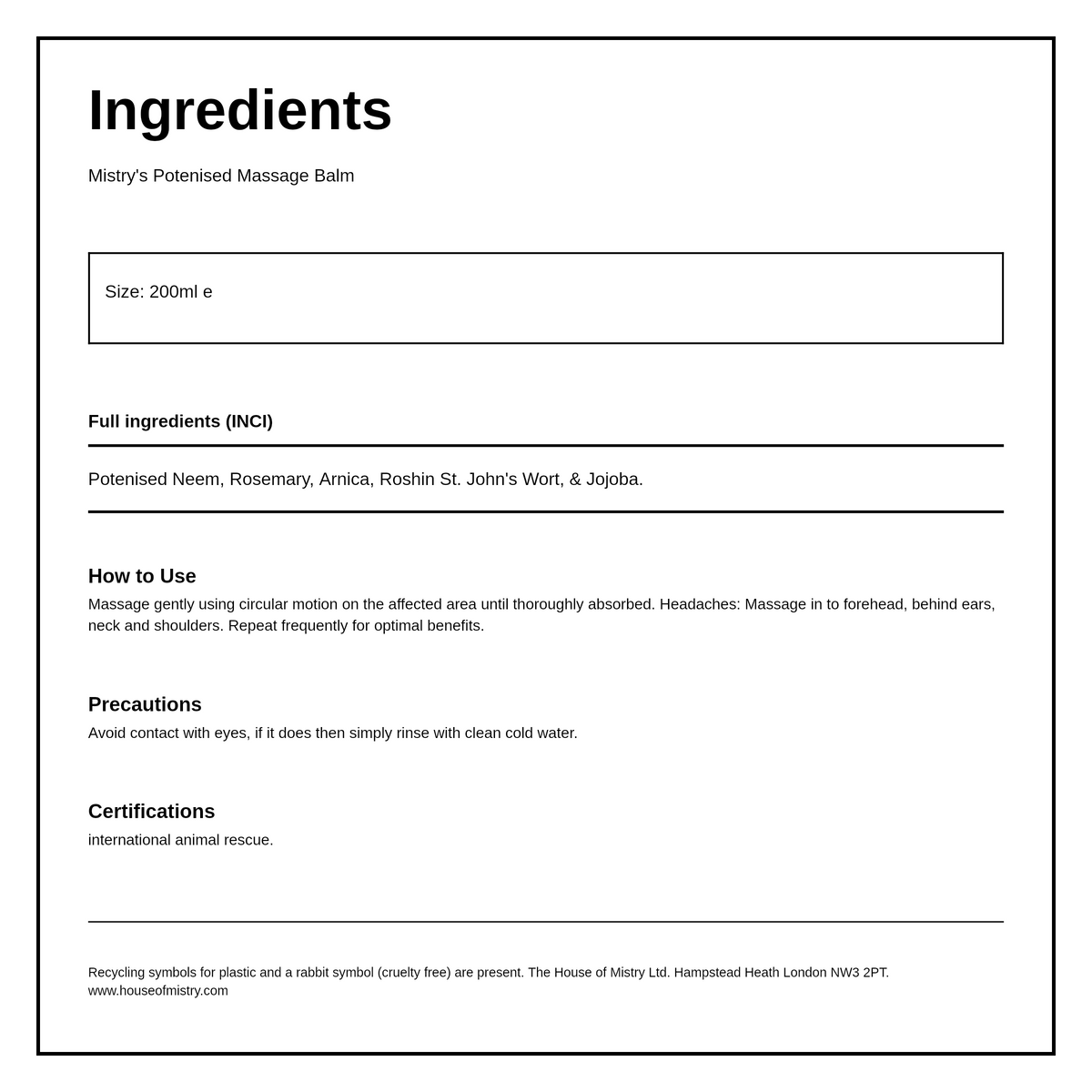 Mistry's Potenised® Massage Balm — ingredients (INCI) panel, generated from the pack
