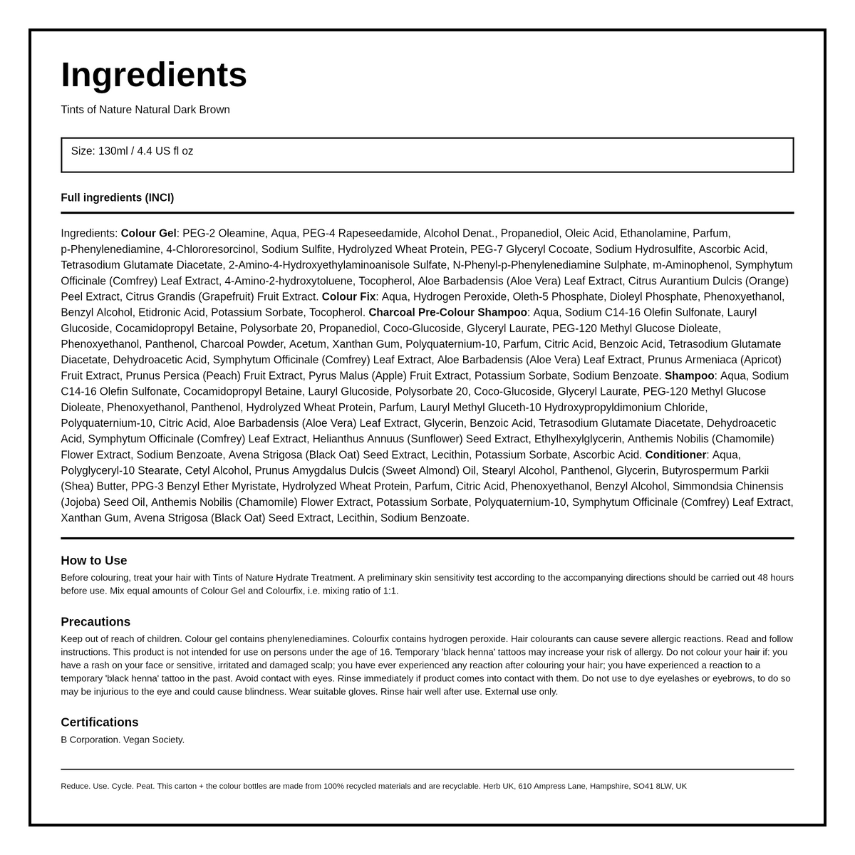 Tints of Nature 3N Natural Dark Brown — ingredients (INCI) panel, generated from the pack