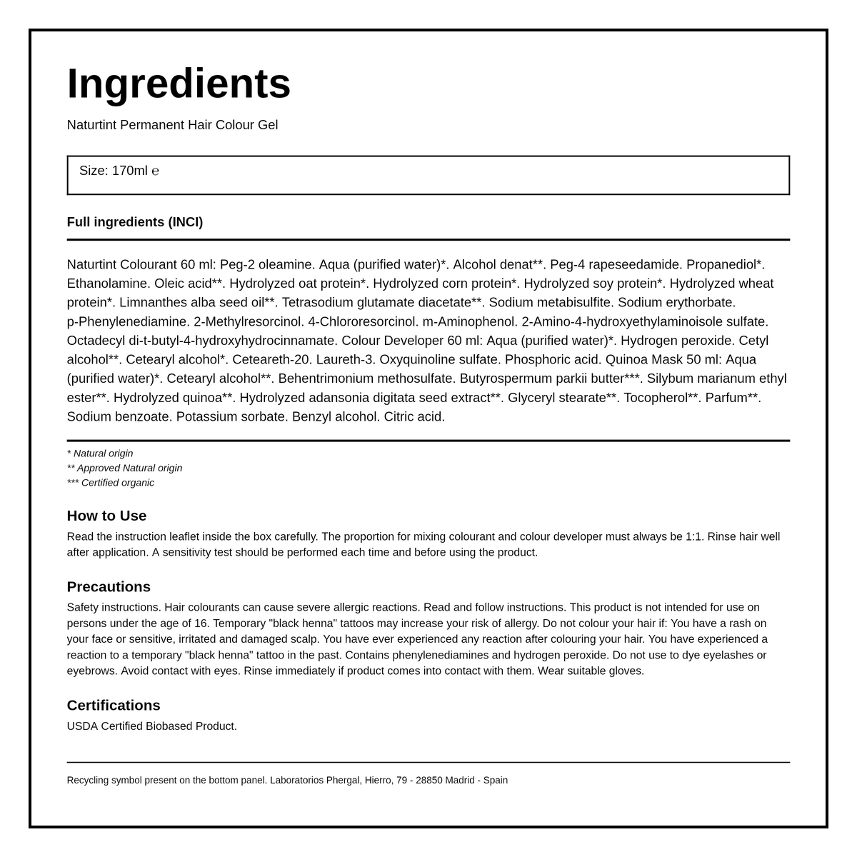 Naturtint Permanent Hair Colourant Wheatgerm Blonde 8N 170ml — ingredients (INCI) panel, generated from the pack