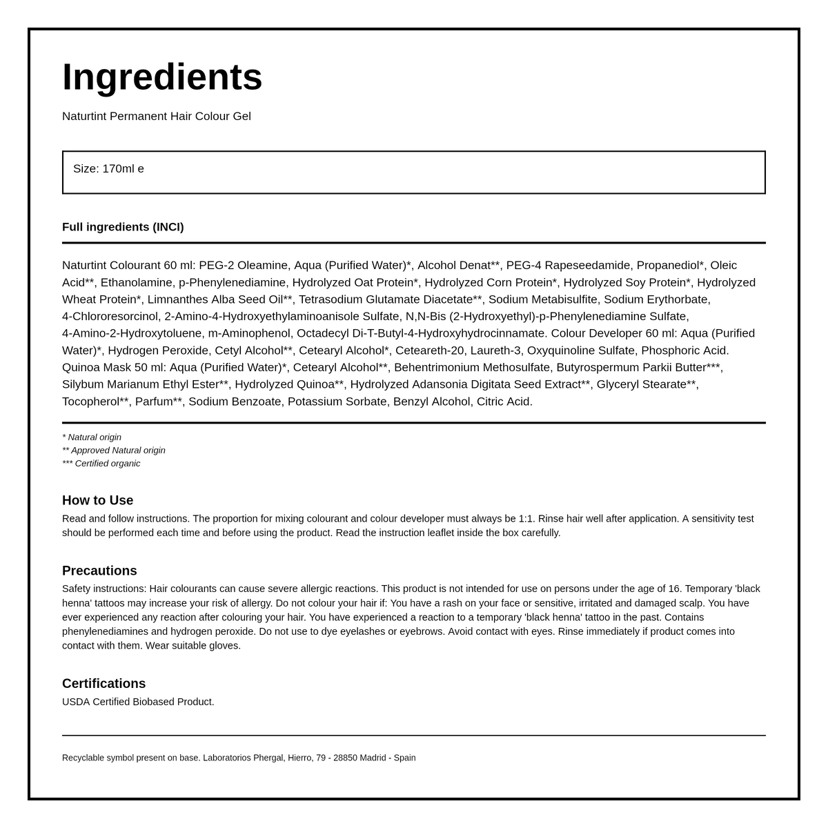 Naturtint Permanent Hair Colourant Brown-Black 2N 170ml — ingredients (INCI) panel, generated from the pack