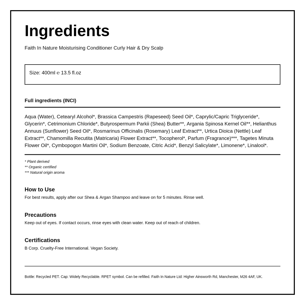 Faith in Nature Shea & Argan Conditioner — ingredients (INCI) panel, generated from the pack