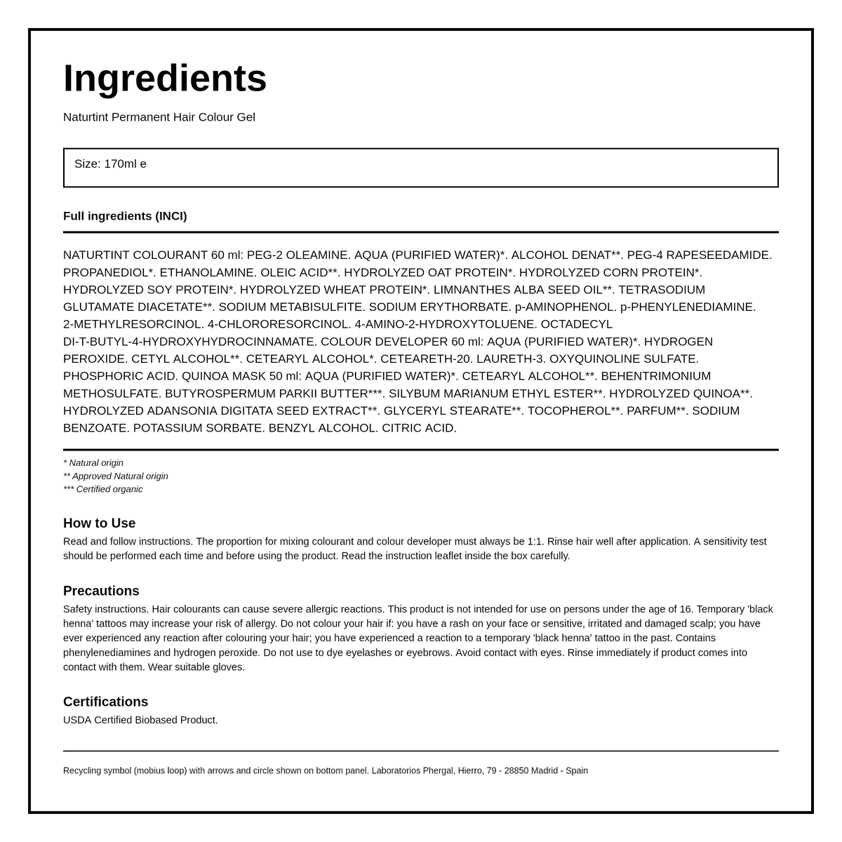 Naturtint Permanent Hair Colourant Sandy Golden Blonde 8G 170ml — ingredients (INCI) panel, generated from the pack