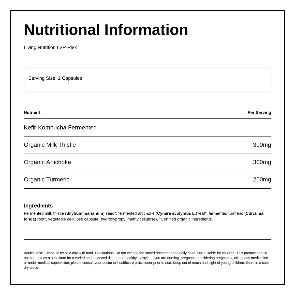 Living Nutrition Organic Fermented LVR-Plex — nutrition information panel, generated from the pack