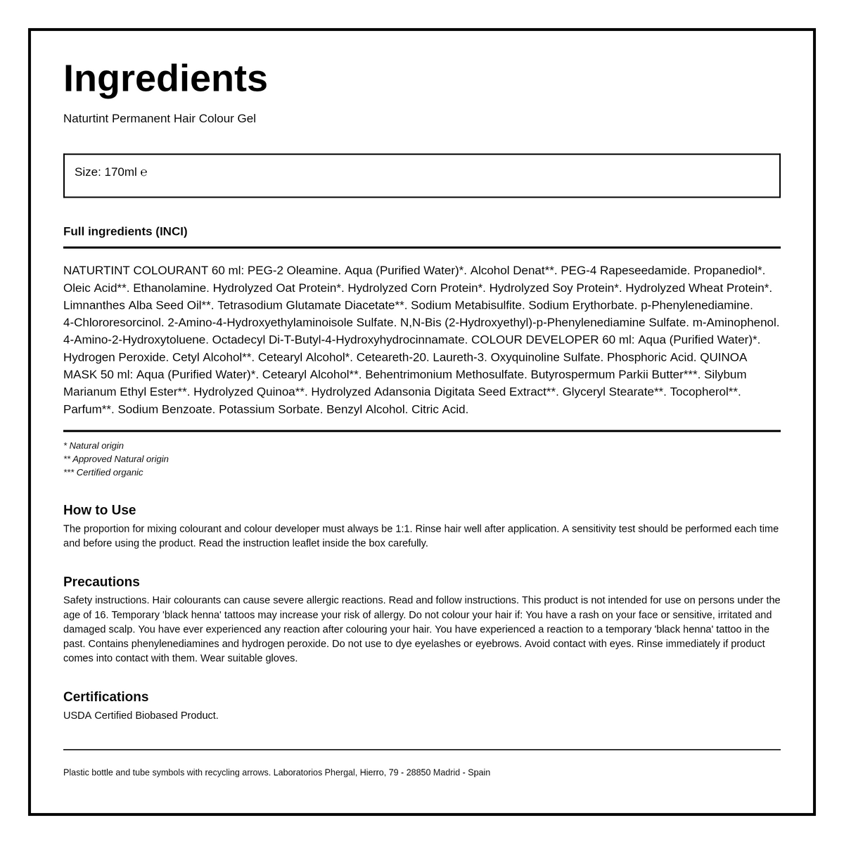 Naturtint Permanent Hair Colourant Light Chestnut Brown 5N 170ml — ingredients (INCI) panel, generated from the pack