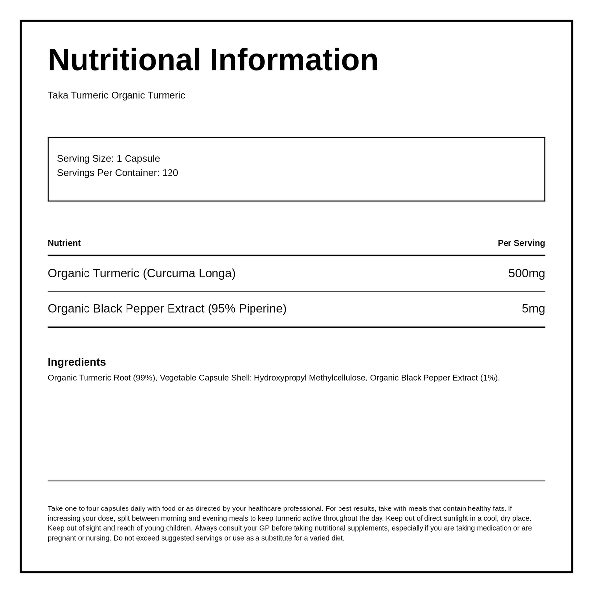 Taka Turmeric Organic Turmeric — nutrition information panel, generated from the pack