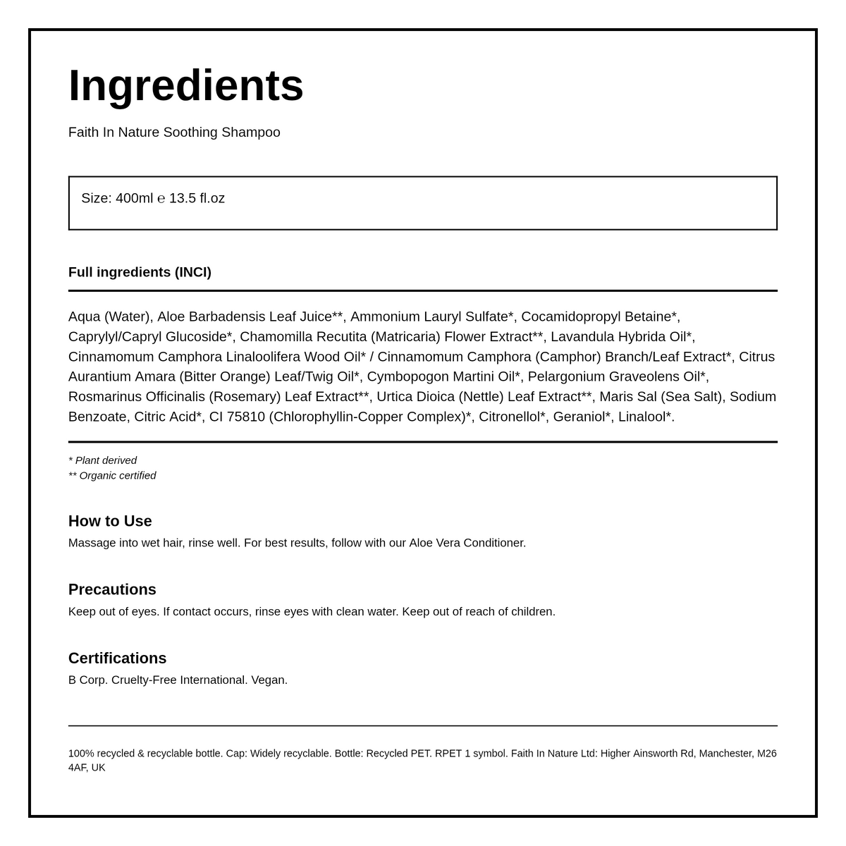 Faith in Nature Aloe Vera Shampoo — ingredients (INCI) panel, generated from the pack