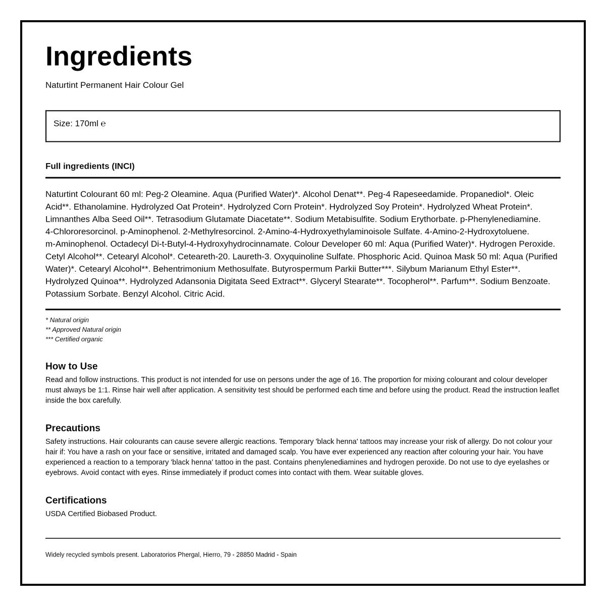 Naturtint Permanent Hair Colourant Intense Golden Chestnut 170ml — ingredients (INCI) panel, generated from the pack