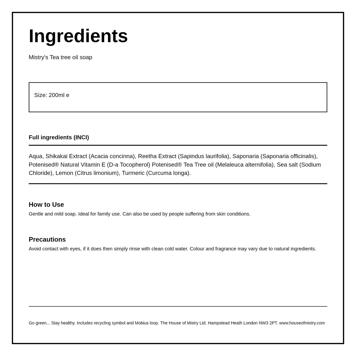 Mistry's Tea Tree Oil Liquid Soap — ingredients (INCI) panel, generated from the pack