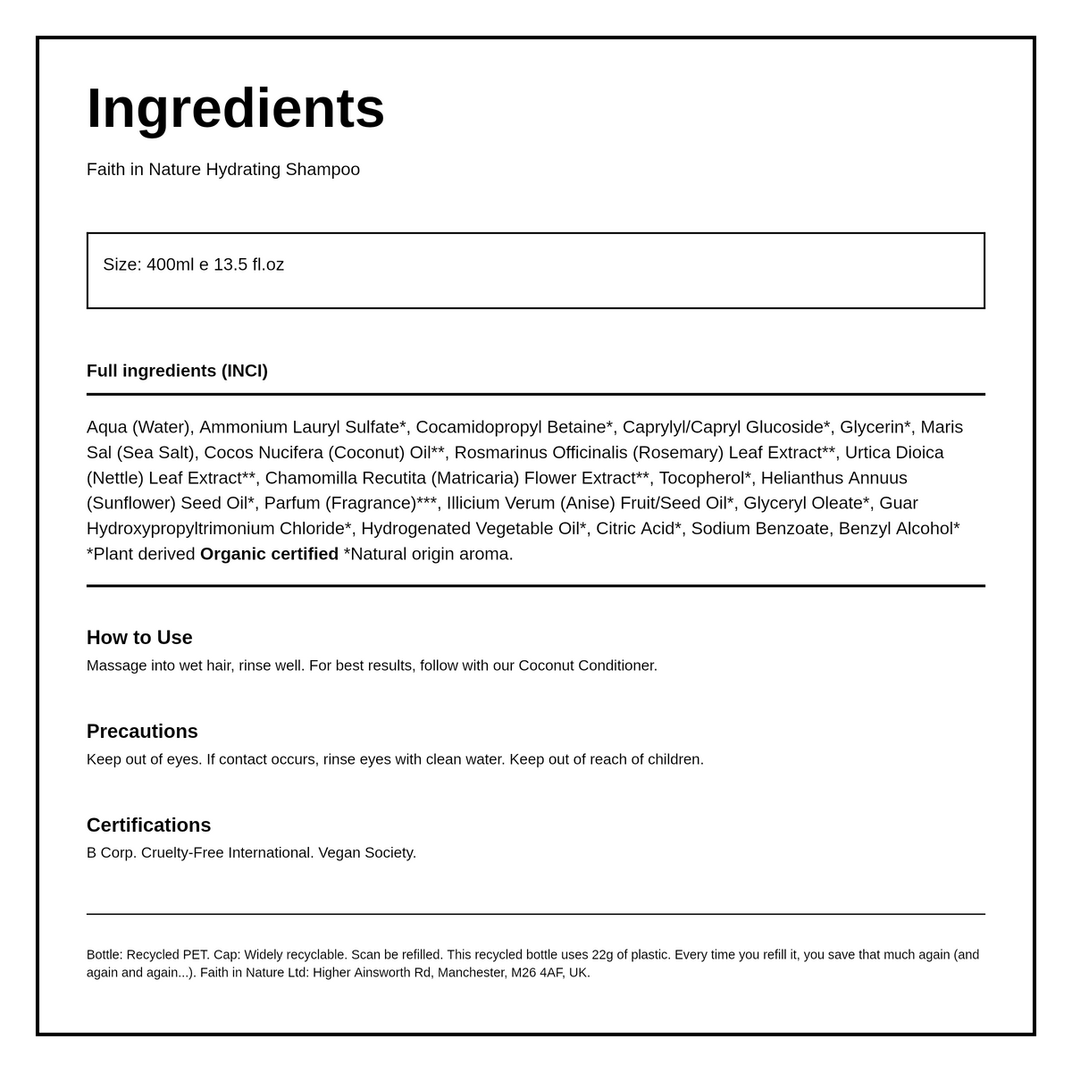 Faith in Nature Coconut Shampoo — ingredients (INCI) panel, generated from the pack