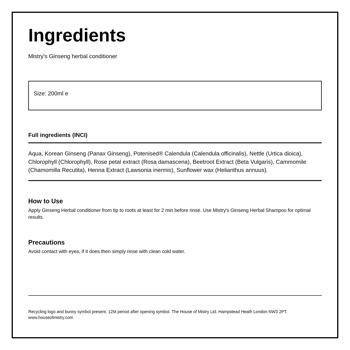 Mistry's Ginseng Herbal Conditioner — ingredients (INCI) panel, generated from the pack