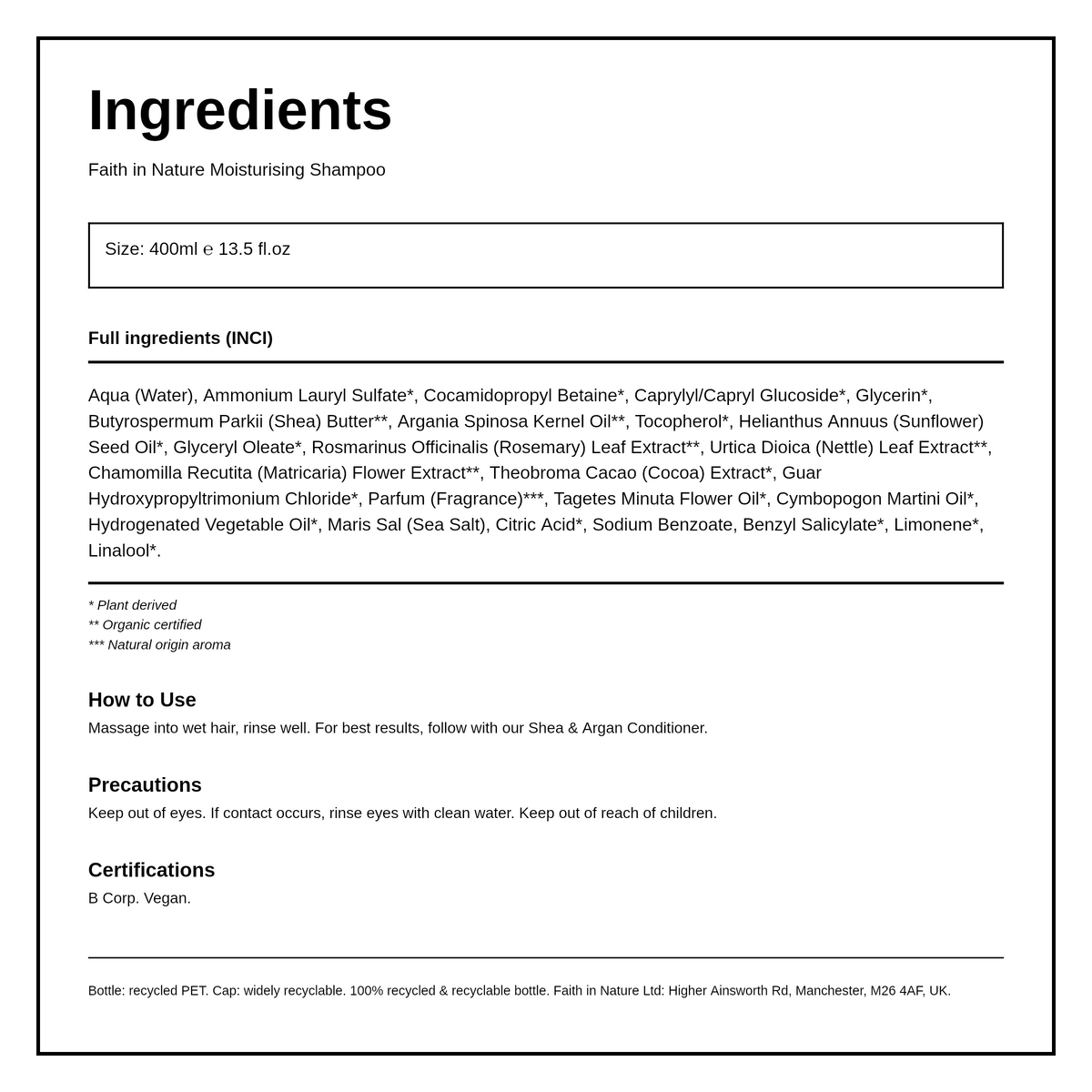 Faith in Nature Shea & Argan Shampoo — ingredients (INCI) panel, generated from the pack