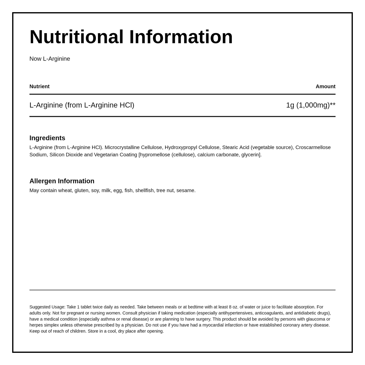 NOW Foods, L-Arginine, 1,000 mg — nutrition information panel, generated from the pack