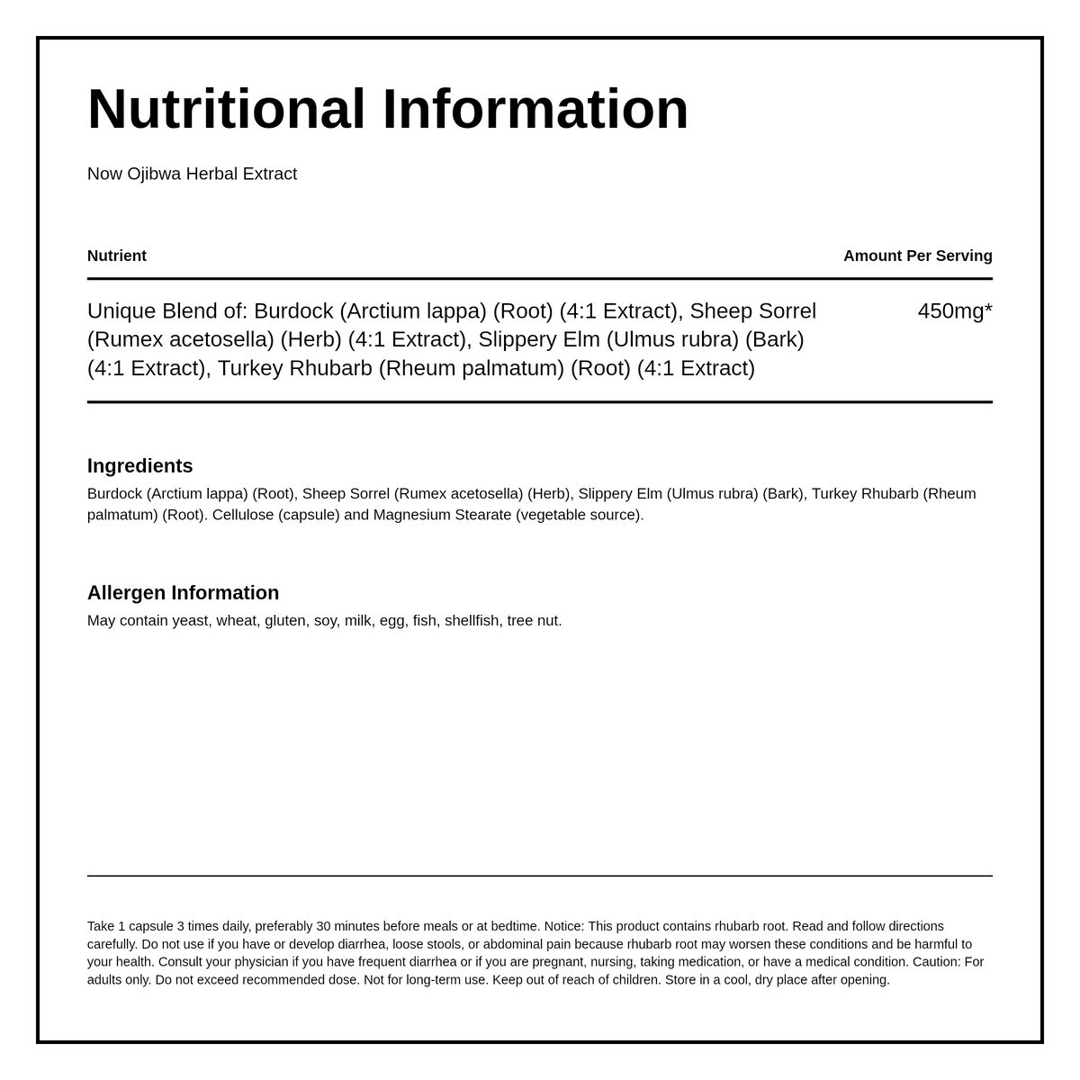 Now Ojibwa Herbal Extract 450 mg 180 vcaps — nutrition information panel, generated from the pack
