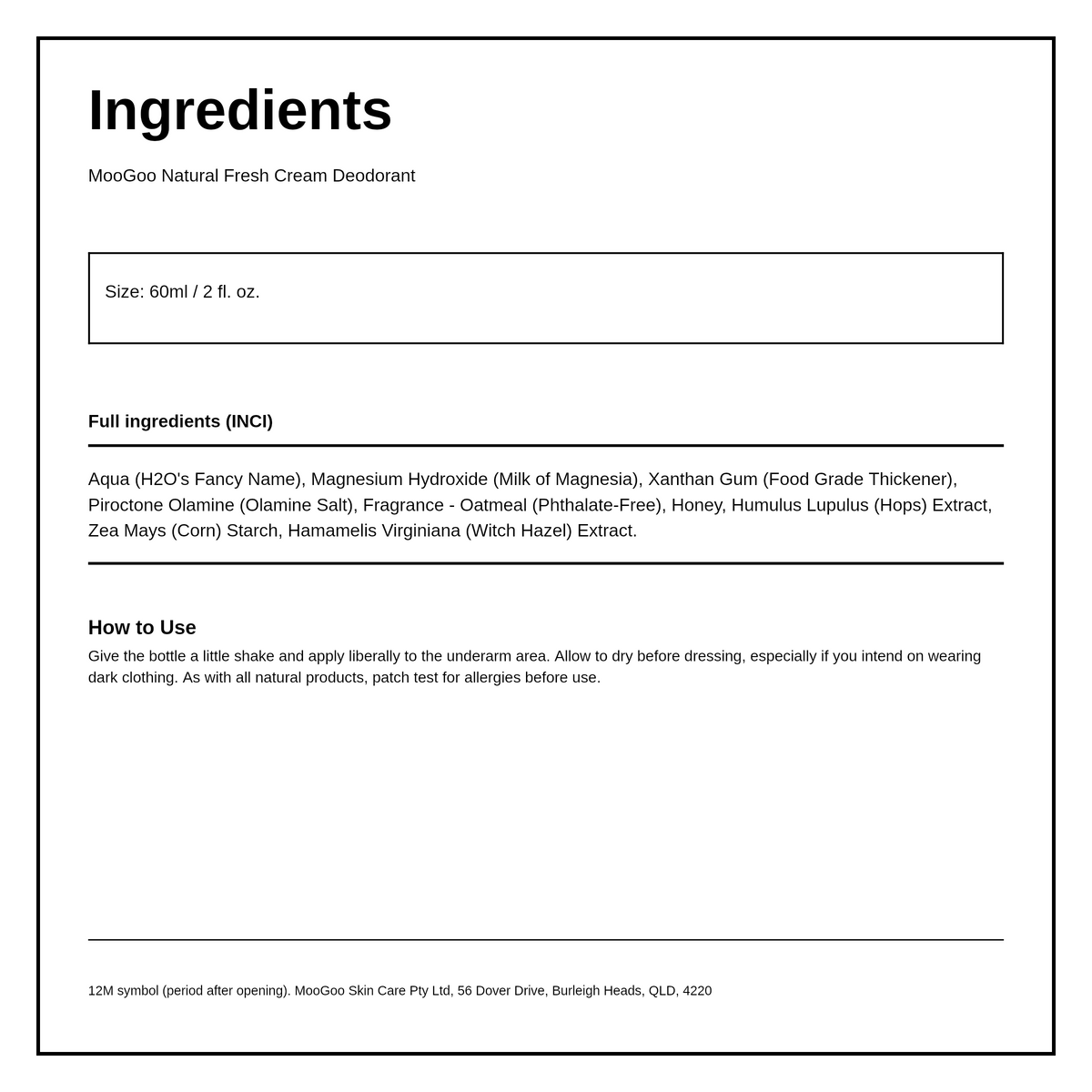 MooGoo Natural Fresh Cream Deodorant Oats & Honey — ingredients (INCI) panel, generated from the pack