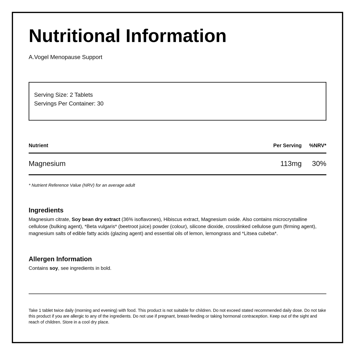 A.Vogel Menosan Menoforce Support — nutrition information panel, generated from the pack