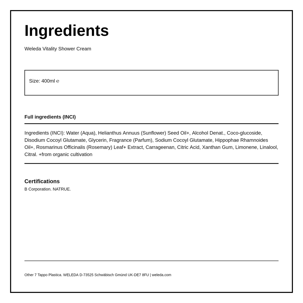 Weleda Vitality Shower Cream Sea Buckthorn — ingredients (INCI) panel, generated from the pack
