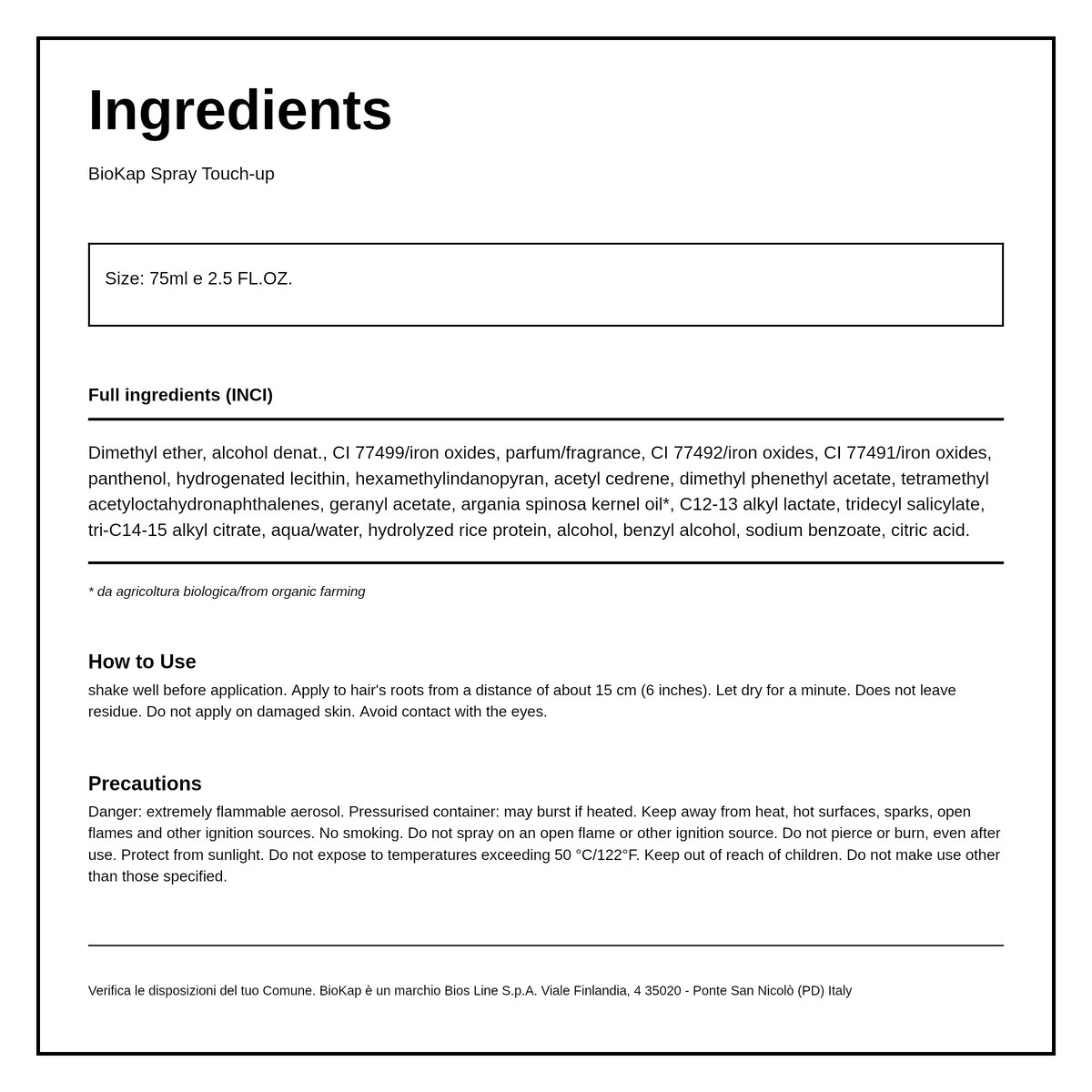 BioKap Dark Brown Root Touch Up Spray — ingredients (INCI) panel, generated from the pack
