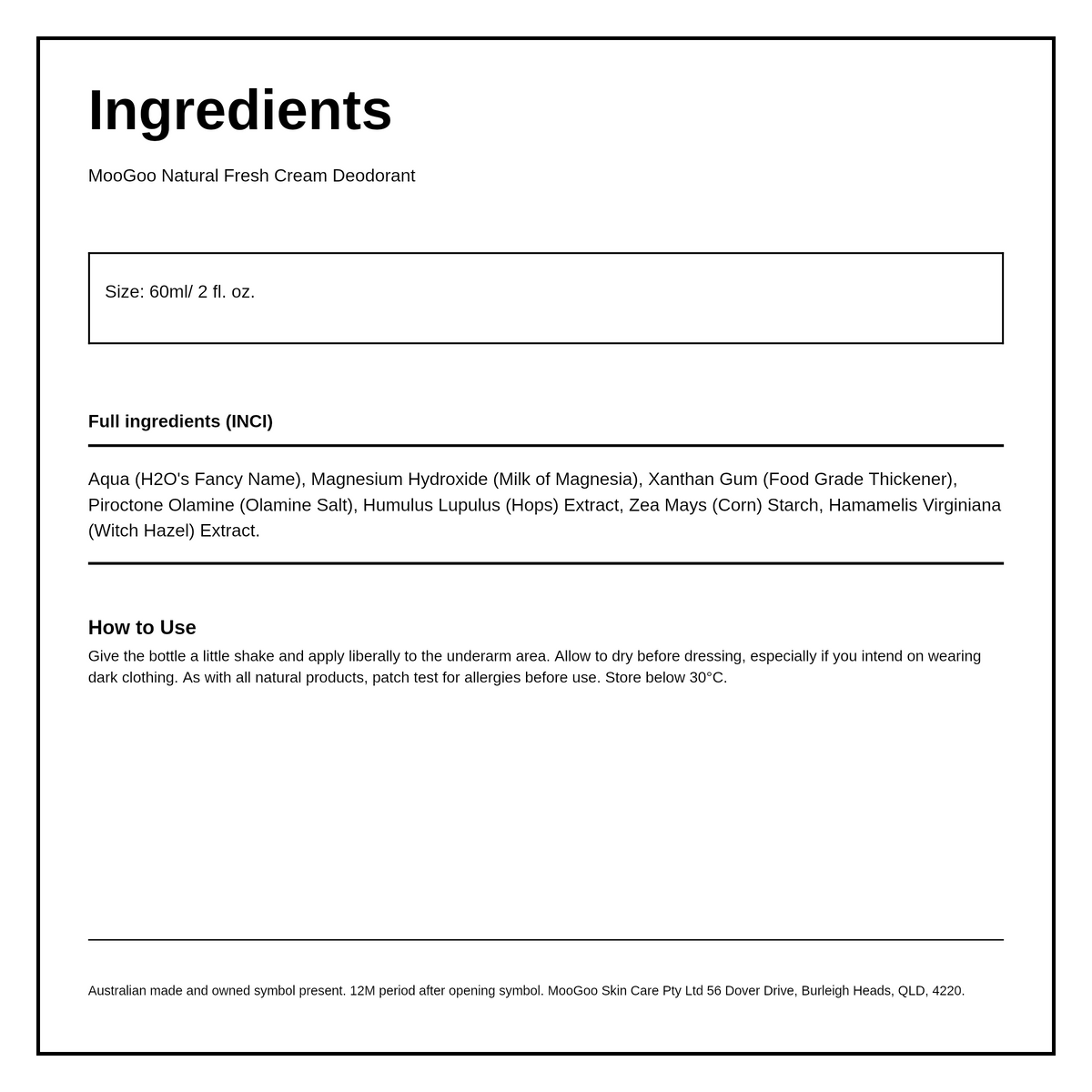 MooGoo Natural Fresh Cream Deodorant Fragrance Free — ingredients (INCI) panel, generated from the pack