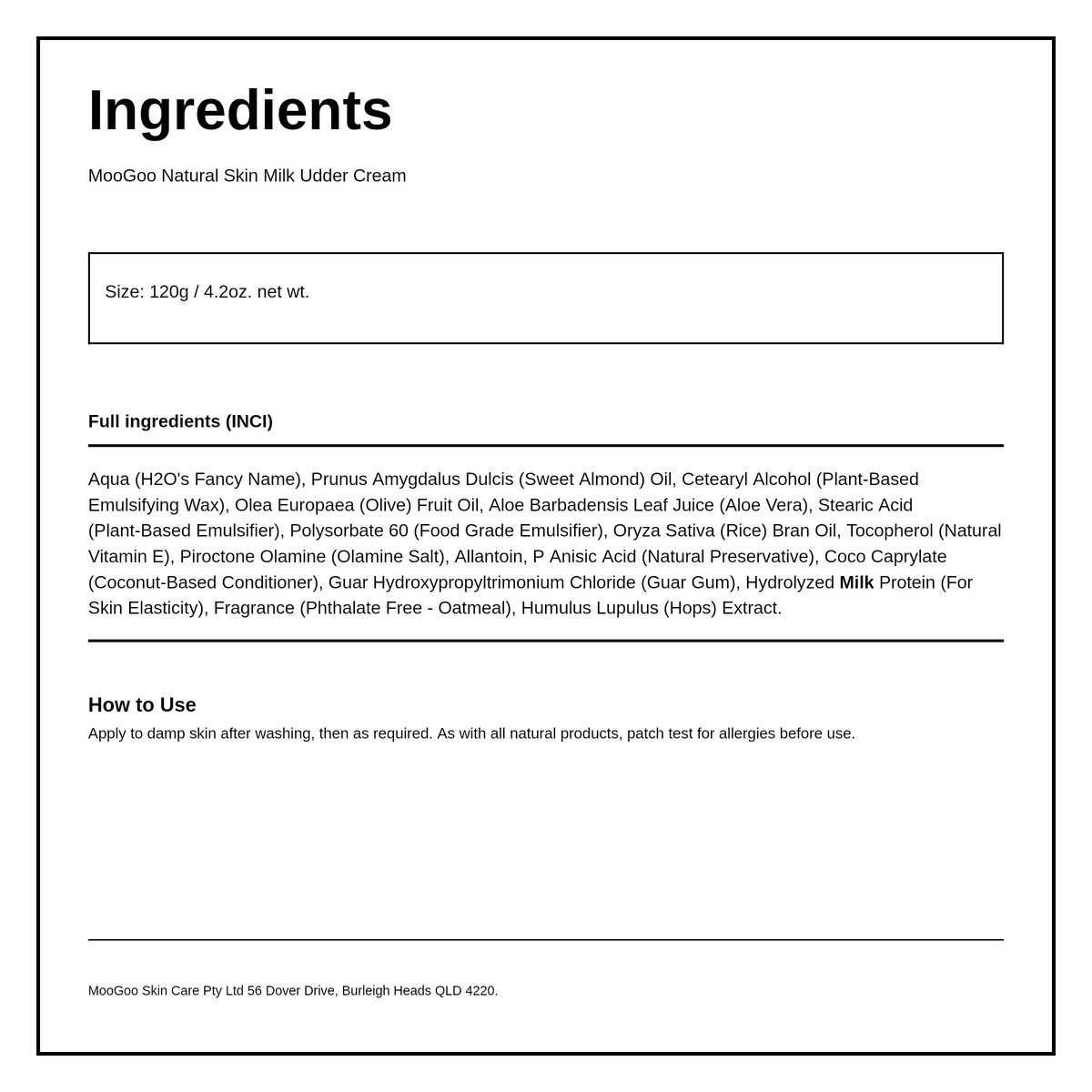 MooGoo Natural Skin Milk Udder Cream — ingredients (INCI) panel, generated from the pack