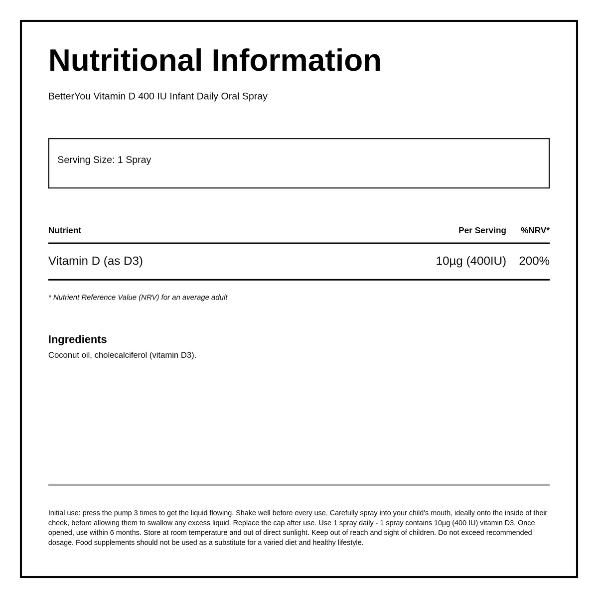 BetterYou D400 Infant Vitamin D Daily Oral Spray — nutrition information panel, generated from the pack