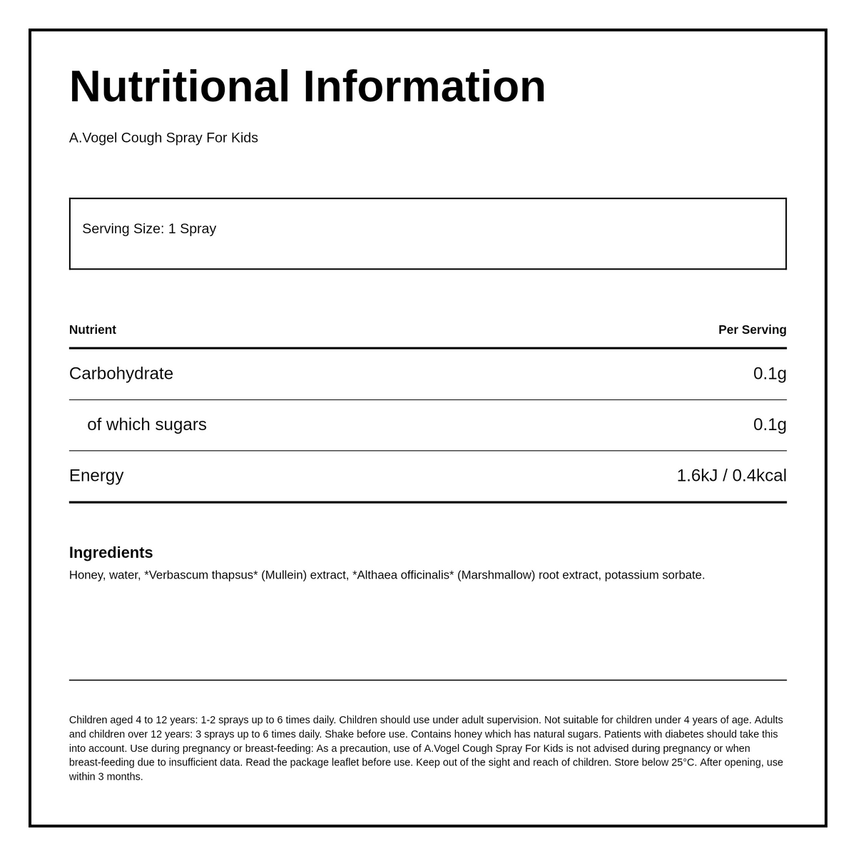 A.Vogel Cough Spray for Kids — nutrition information panel, generated from the pack