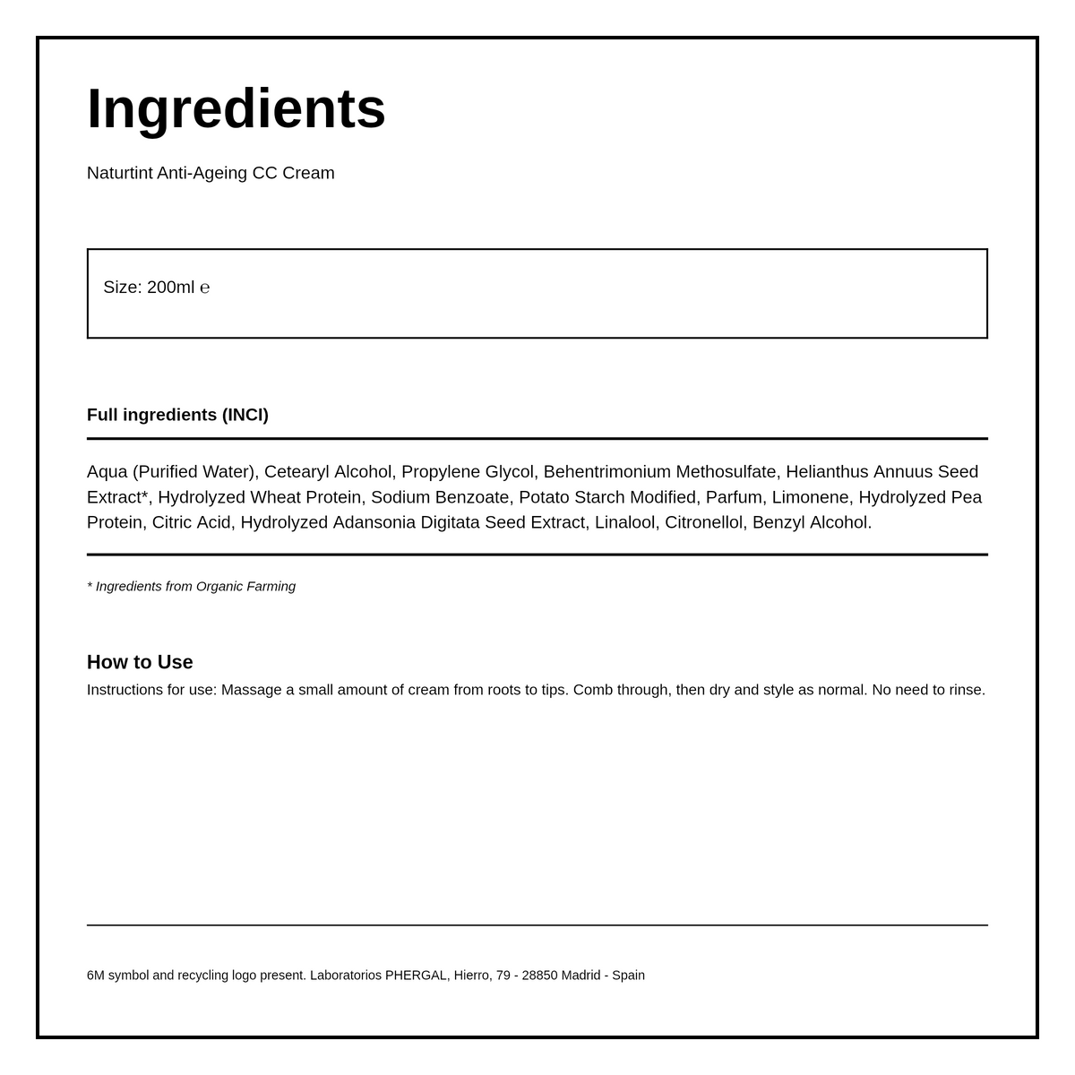 Naturtint Anti-Ageing CC Cream — ingredients (INCI) panel, generated from the pack
