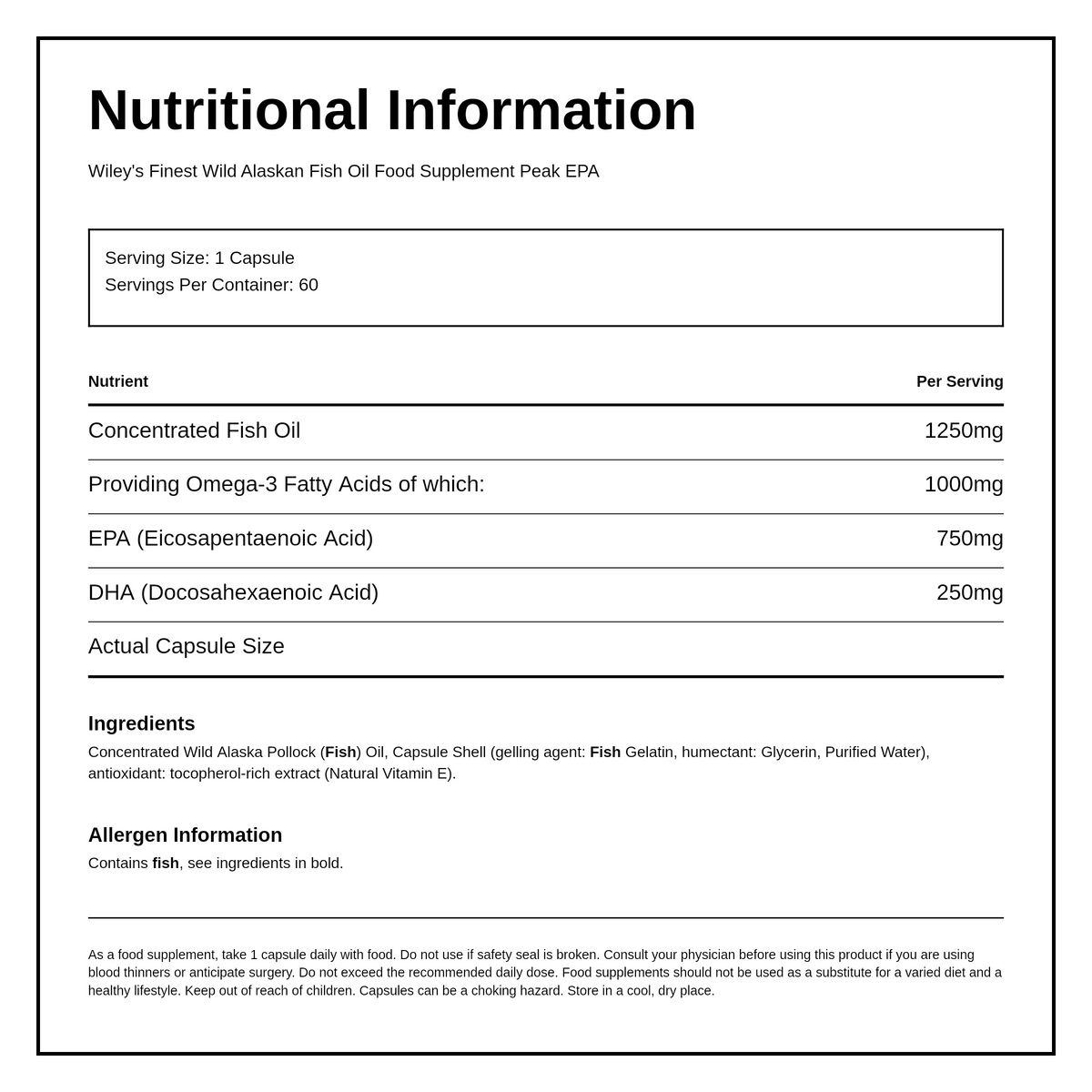 Wiley's Finest UK Peak EPA — nutrition information panel, generated from the pack