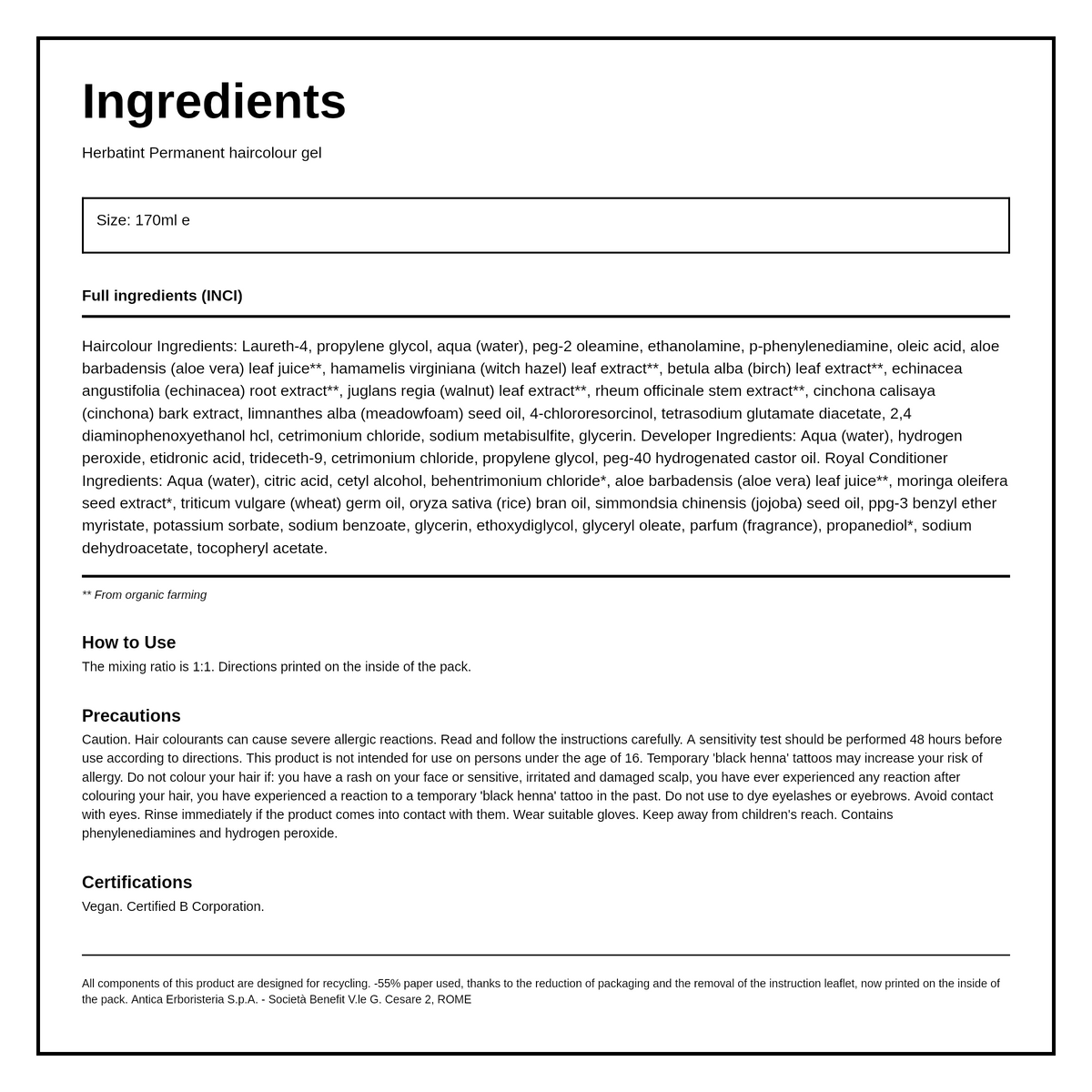 Herbatint Black Ammonia Free hair colour 1N — ingredients (INCI) panel, generated from the pack