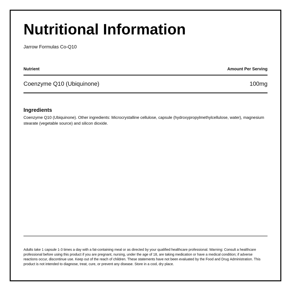 Jarrow Formulas Co-Q10 100 mg — nutrition information panel, generated from the pack
