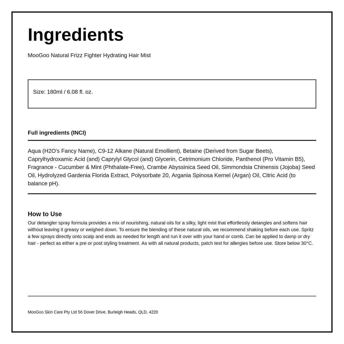 MooGoo Natural Frizz Fighter Hydrating Mist — ingredients (INCI) panel, generated from the pack
