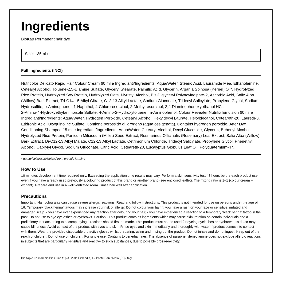 BioKap Chestnut Light Brown 5.05 Dye — ingredients (INCI) panel, generated from the pack
