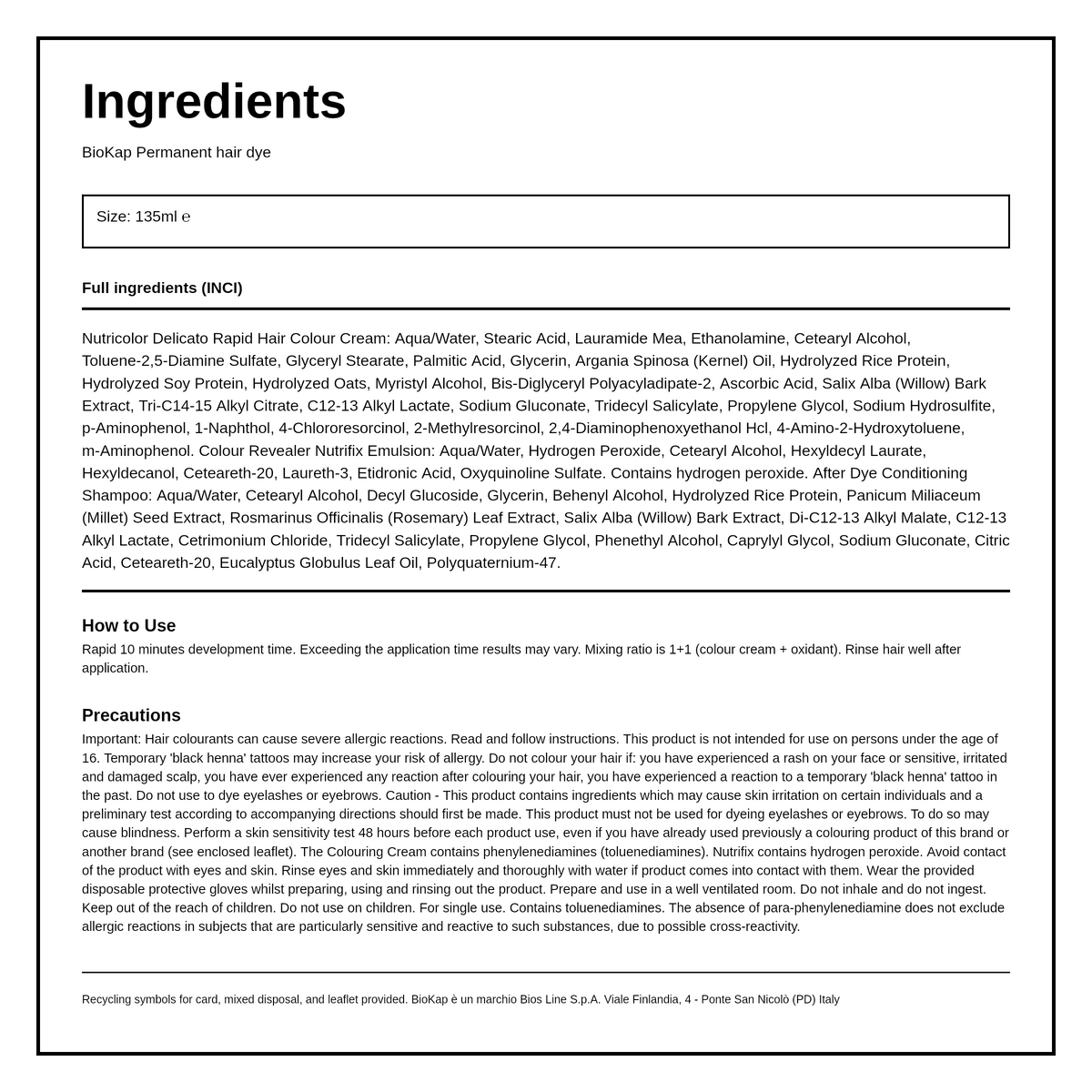 BioKap Golden Blond Wheat 7.33 Rapid Permanent Hair Dye — ingredients (INCI) panel, generated from the pack