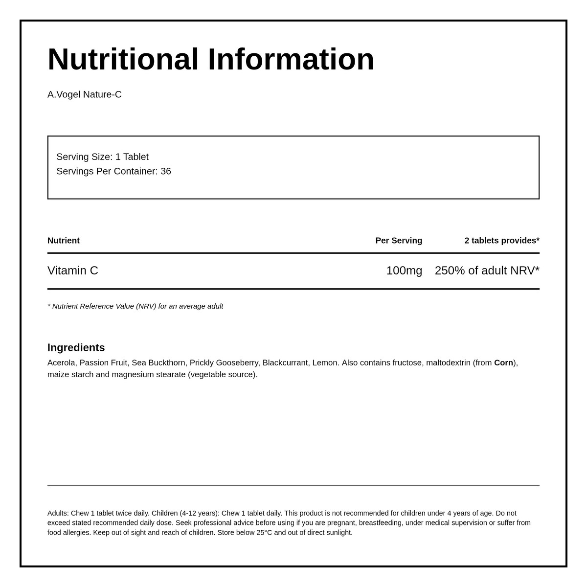 A.Vogel Nature-C — nutrition information panel, generated from the pack