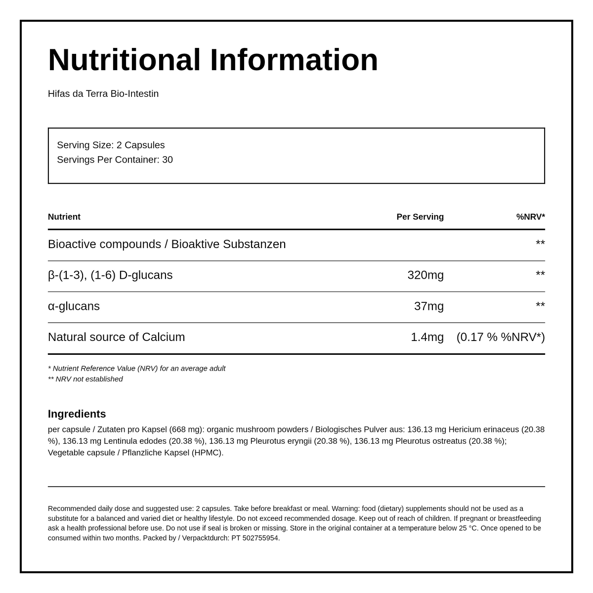 Bio-Intestin — nutrition information panel, generated from the pack