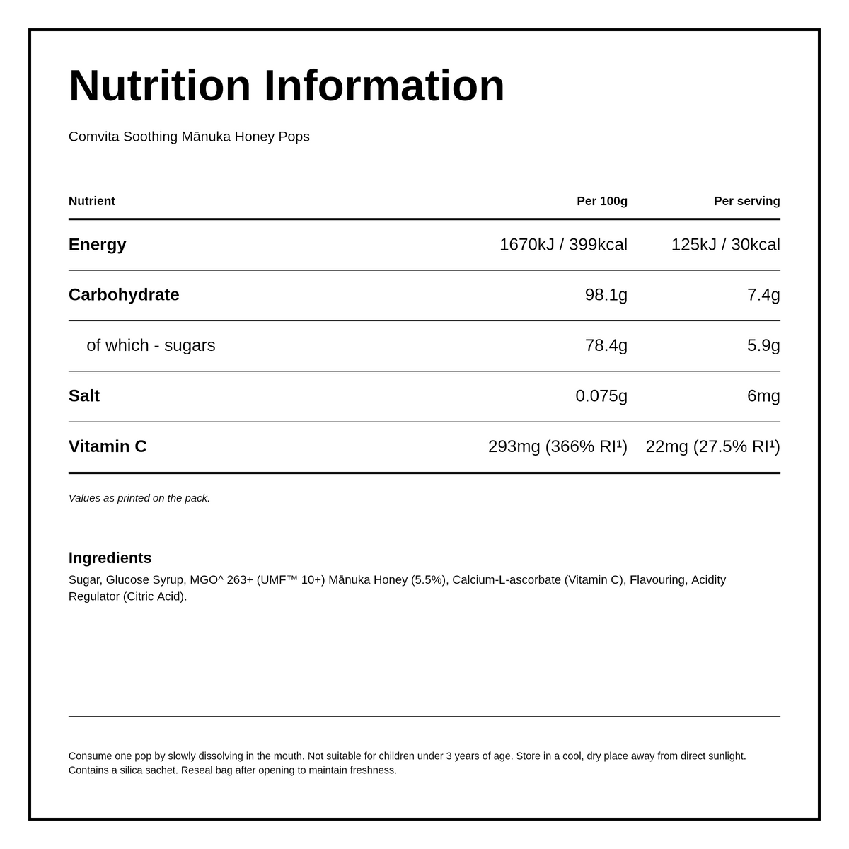 Comvita Kids Soothing Manuka 15 Pops 3 Flavours 112.5g — nutrition information panel, generated from the pack