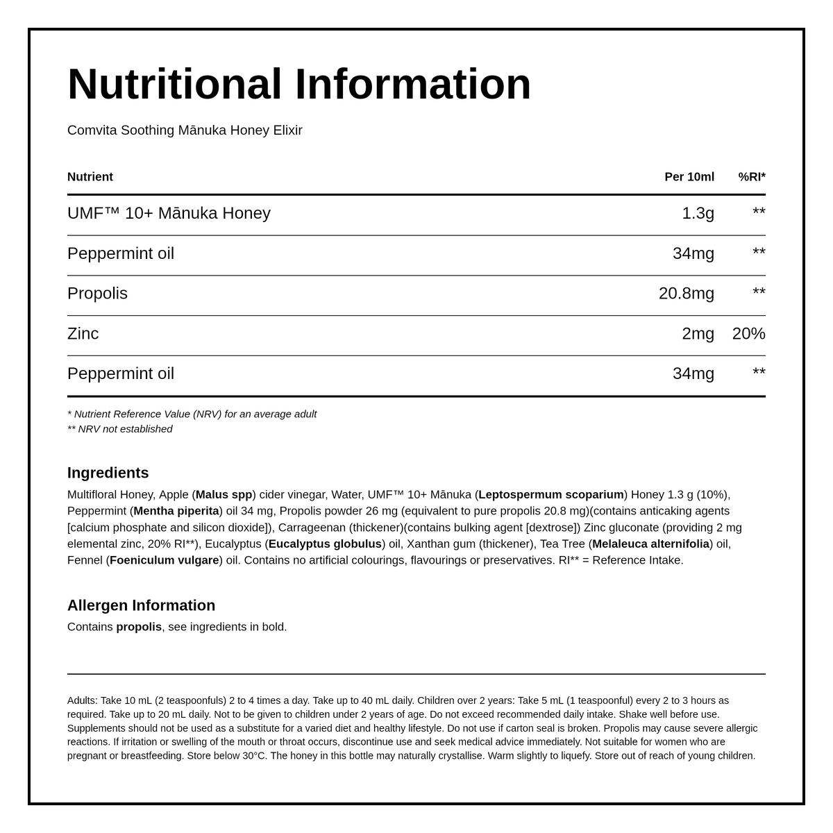 Comvita Manuka Honey & Propolis Herbal Elixir — nutrition information panel, generated from the pack
