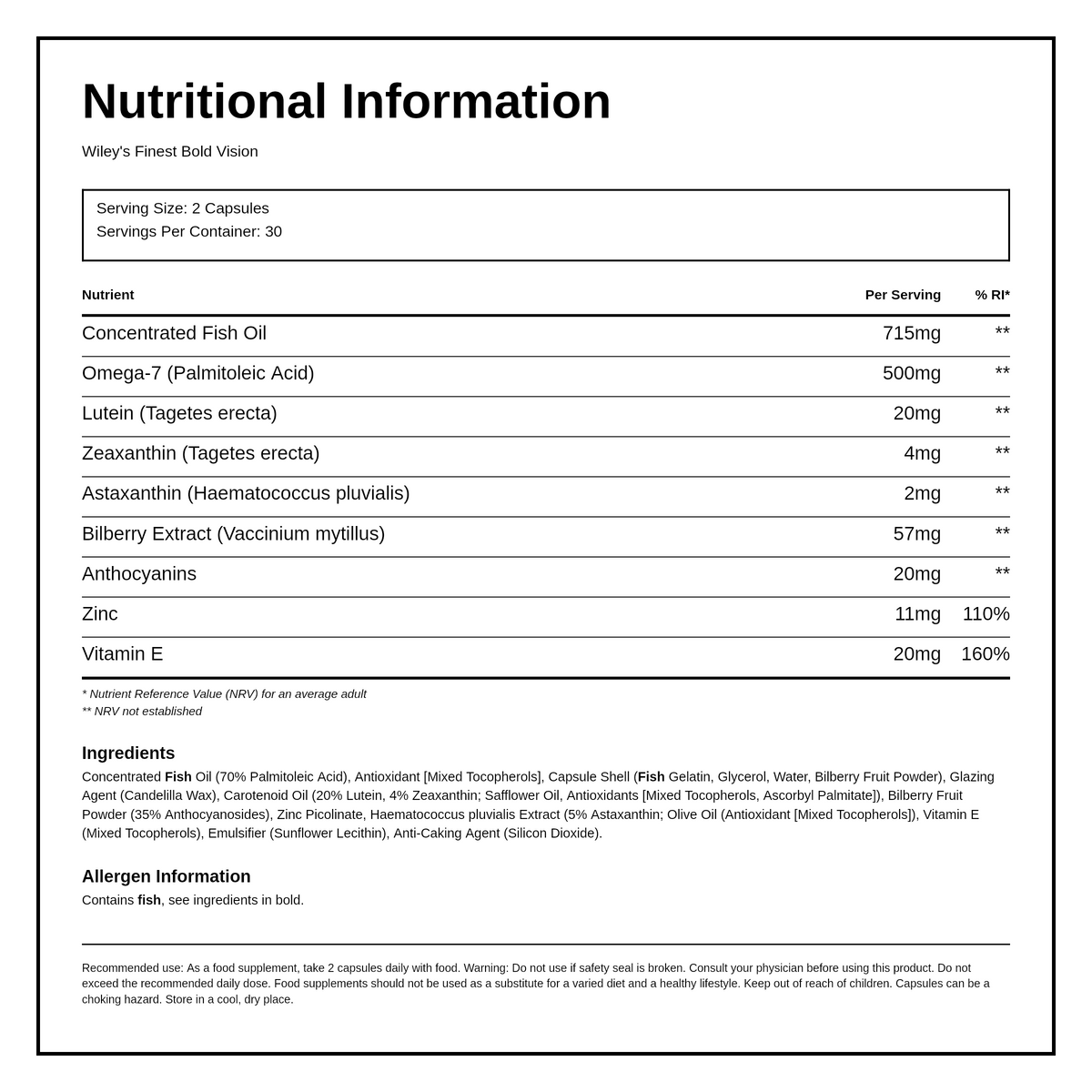 Wiley's Finest UK Bold Vision — nutrition information panel, generated from the pack