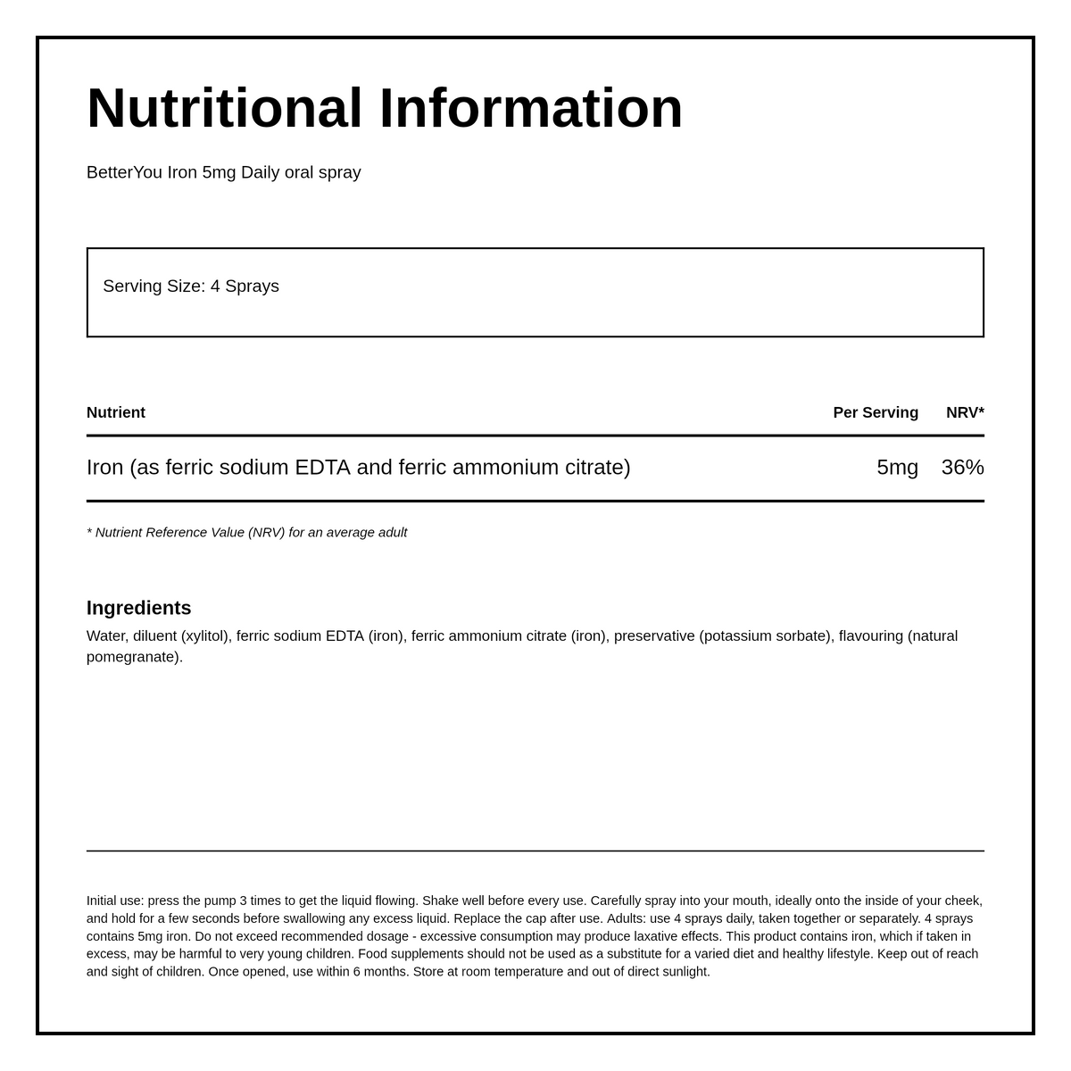 BetterYou Iron 5 Daily Oral Spray — nutrition information panel, generated from the pack