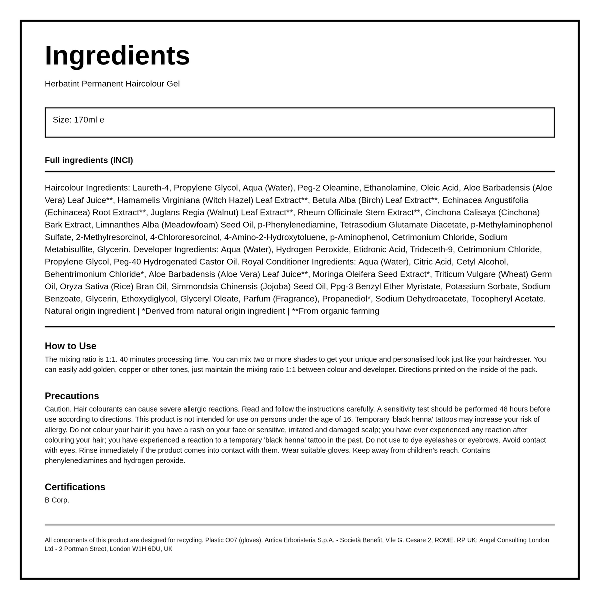 Herbatint Light Blonde Ammonia Free hair Colour 8N — ingredients (INCI) panel, generated from the pack