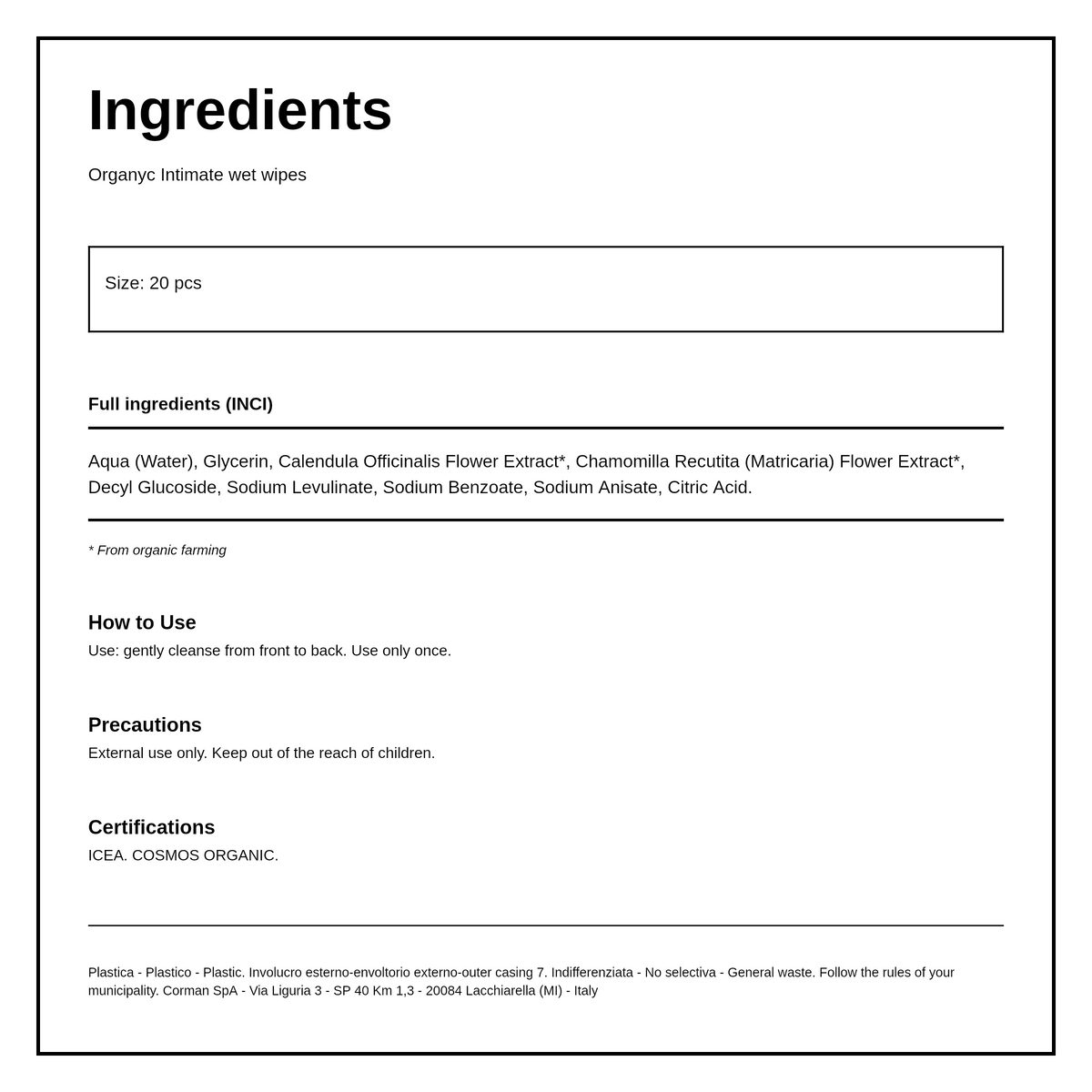 Organyc Intimate Wet Wipes - 20 Wipes — ingredients (INCI) panel, generated from the pack