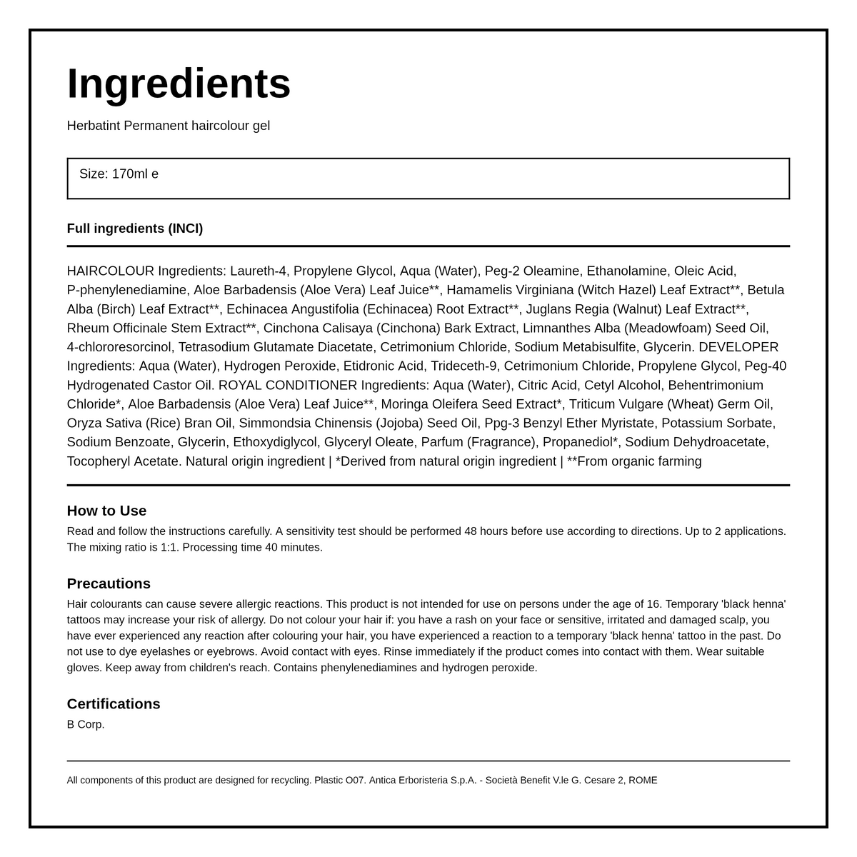 Herbatint Chestnut Ammonia Free hair Colour 4N — ingredients (INCI) panel, generated from the pack