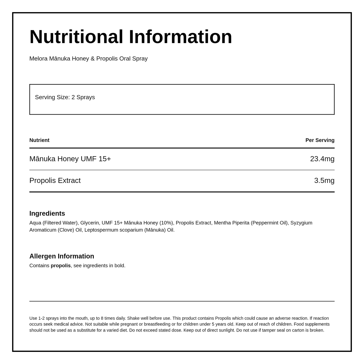 Melora Manuka Honey & Propolis Throat Spray — nutrition information panel, generated from the pack