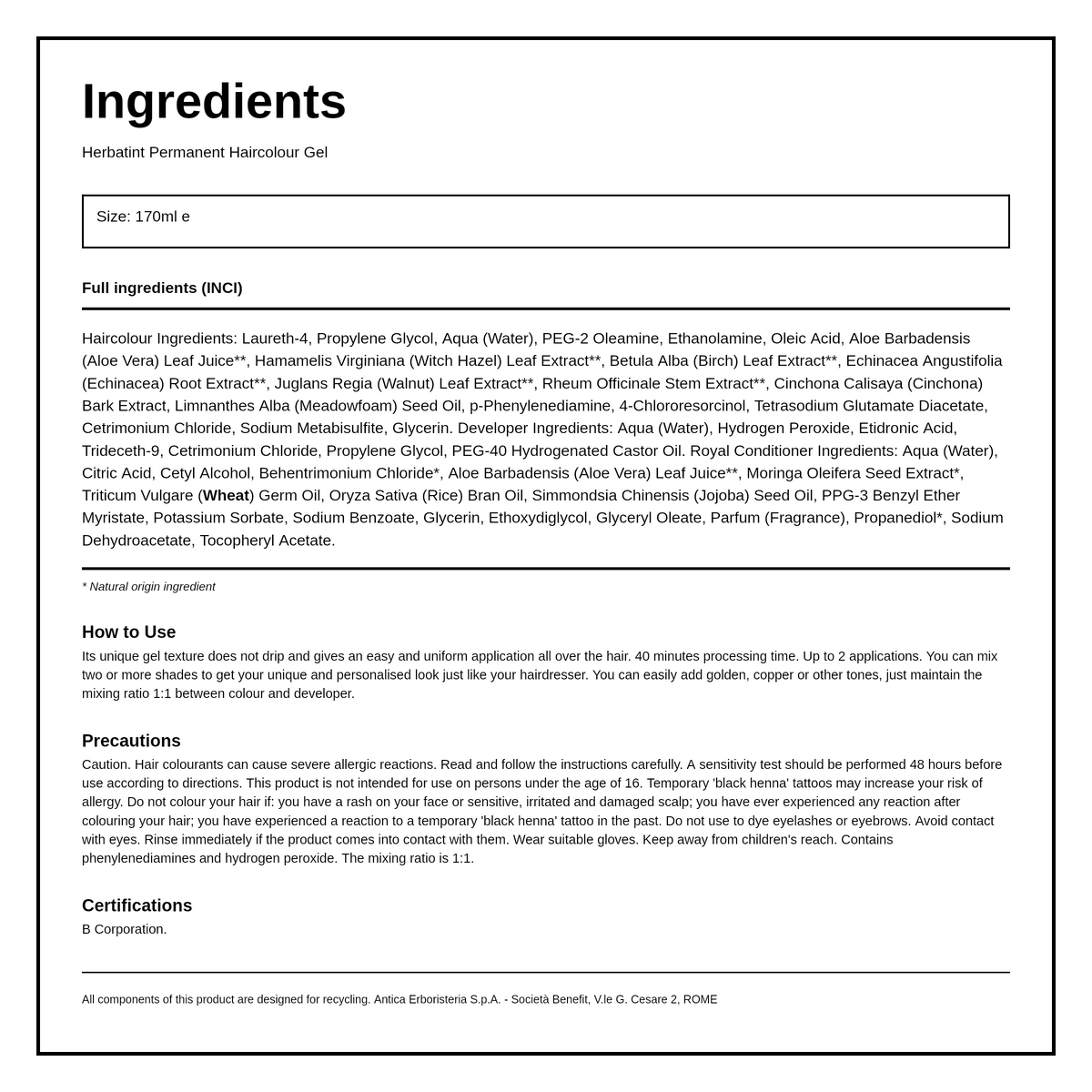 Herbatint Light Chestnut Ammonia Free hair Colour 5N — ingredients (INCI) panel, generated from the pack