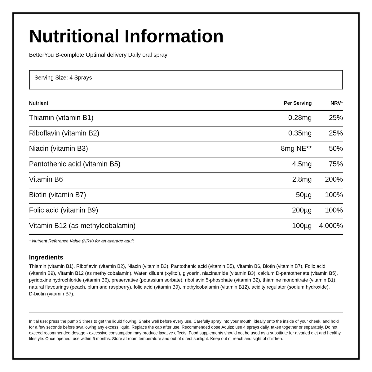BetterYou B-Complete Oral Spray — nutrition information panel, generated from the pack