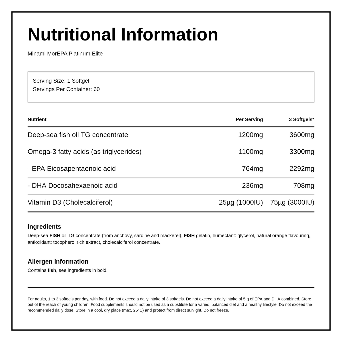 Minami Nutrition MorEPA Platinumules Elite 60 softgels — nutrition information panel, generated from the pack