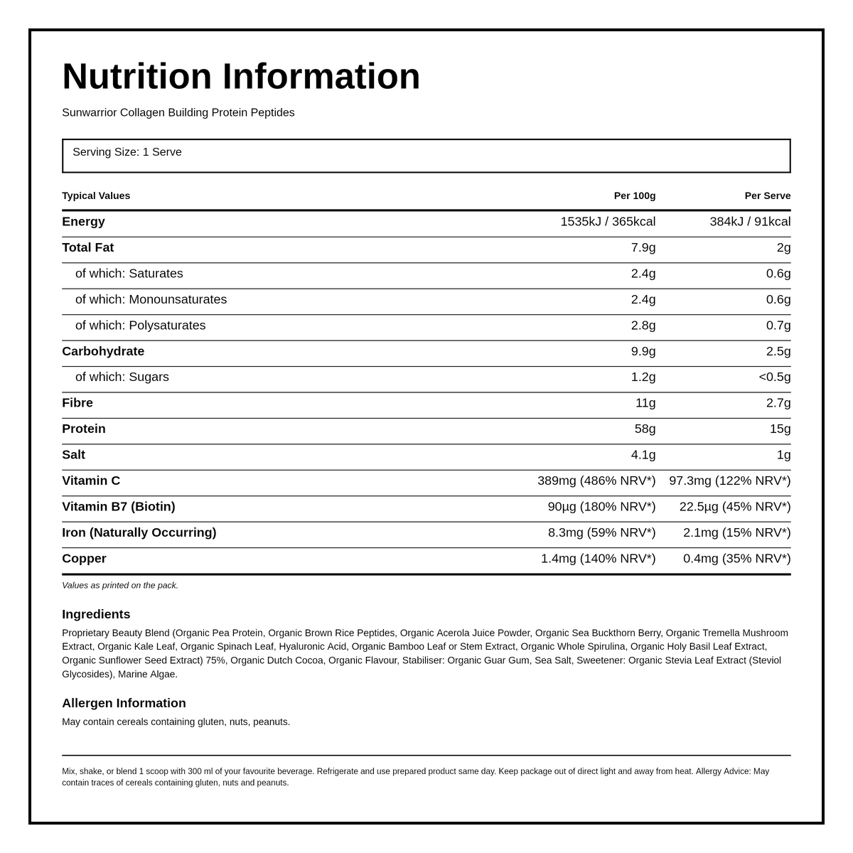 Sunwarrior Collagen Building Protein Peptides Chocolate Fudge — nutrition information panel, generated from the pack