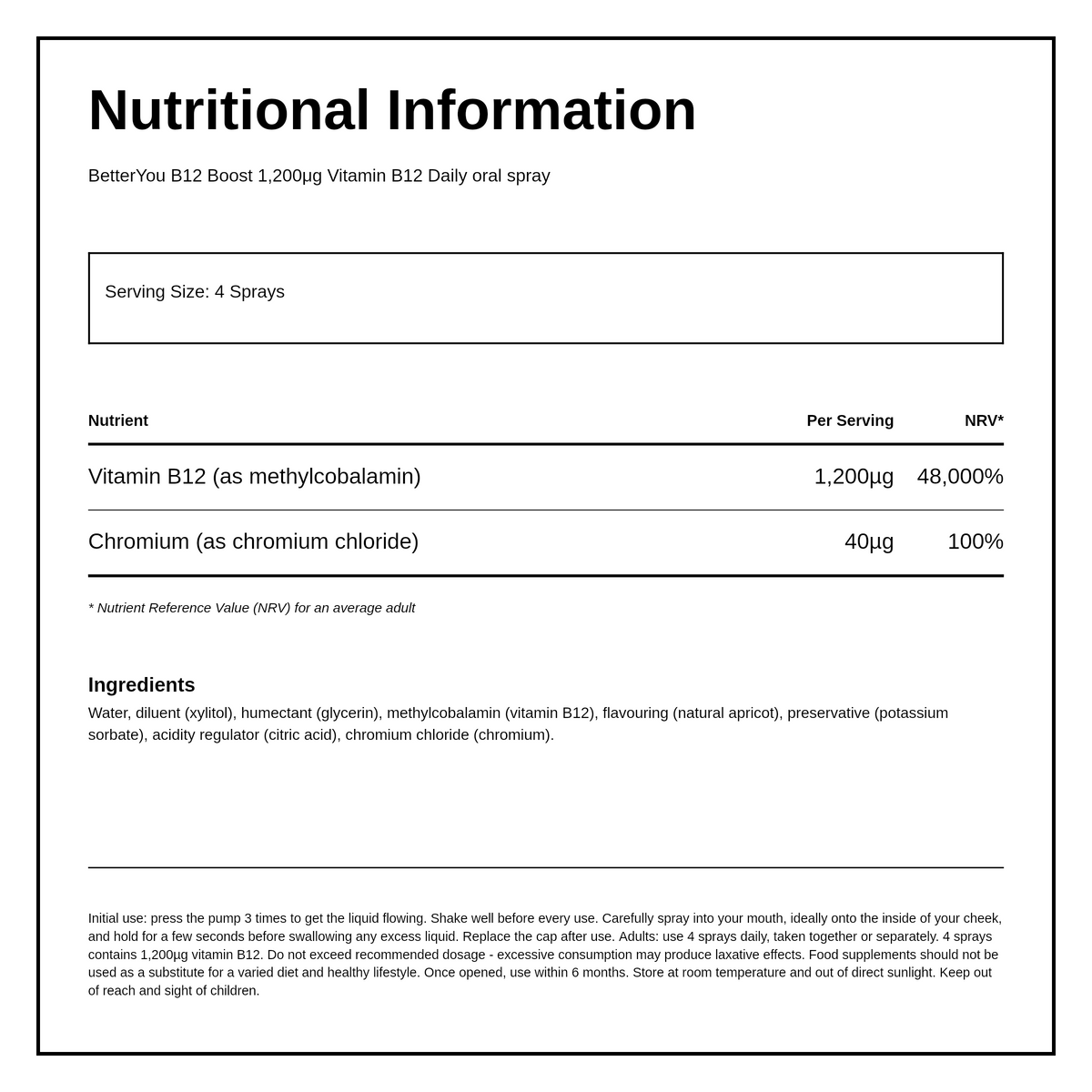 BetterYou Boost B12 Daily Oral Spray — nutrition information panel, generated from the pack
